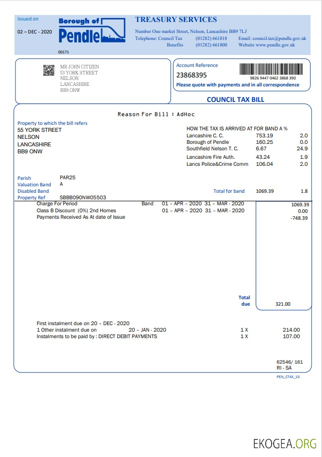 United Kingdom Borough of Pendle council tax bill template in Word and PDF format